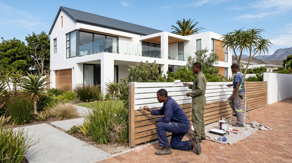 Professional fence painters painting a wooden fence at a coastal home in Sunningdale